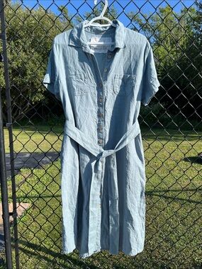 notPerfectLinen Aqua Blue Button-Front Shirt Dress with Self Tie Belt & Pockets